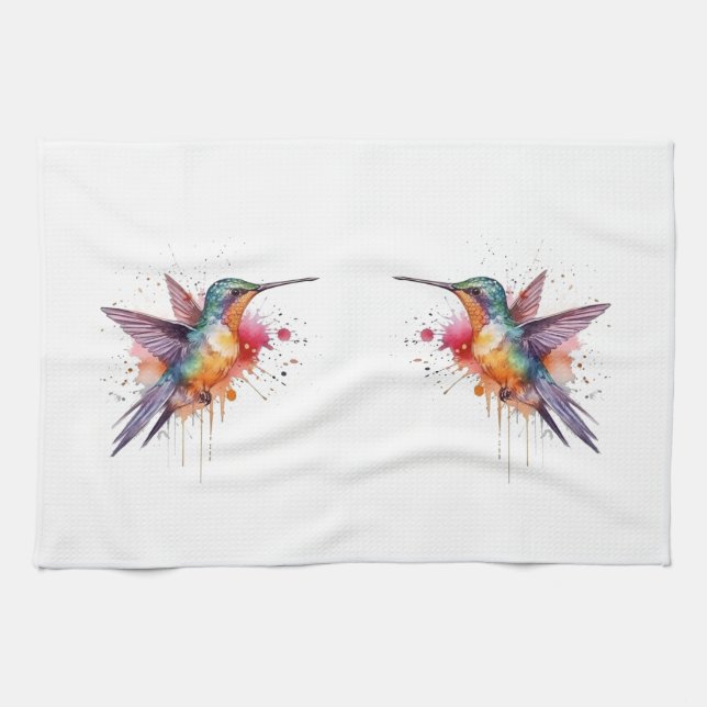 Colourful Flight, watercolor hummingbird  Kitchen Towel (Horizontal)