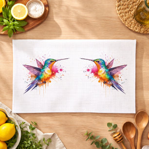 Colourful Flight, watercolor hummingbird  Kitchen Towel