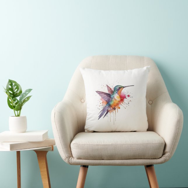 Colourful Flight, watercolor hummingbird  Throw Pillow (Chair)