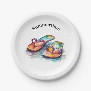 colourful flip flops watercolor customizable  paper plate