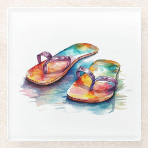 colourful flips flops on a beach in water colour glass coaster
