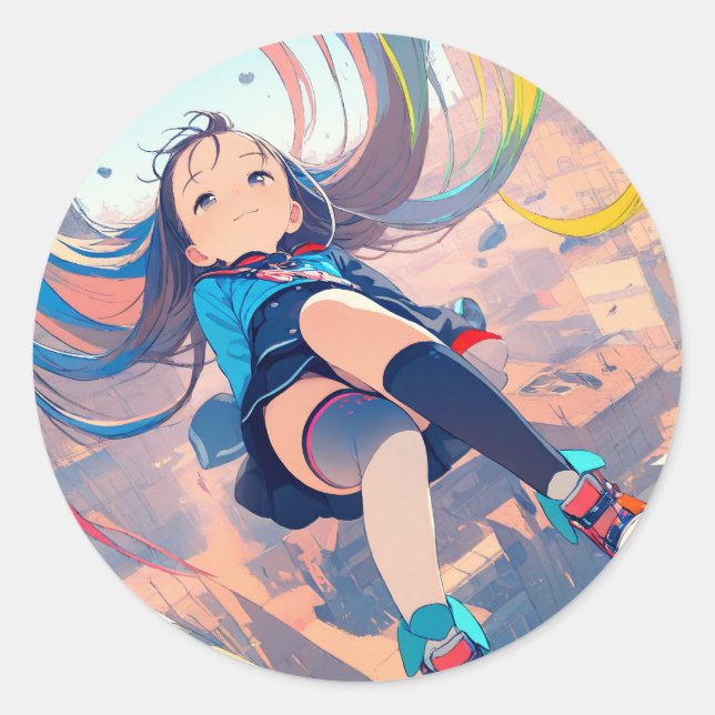 Colourful Floating Anime Girl Classic Round Sticker (Front)