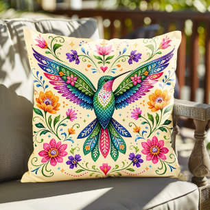 Colourful Flok Art Hummingbird Throw Pillow