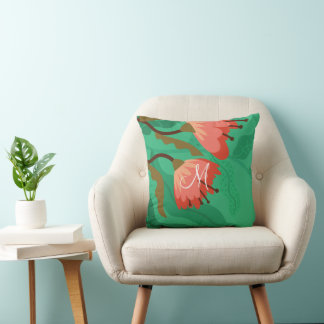 Colourful Flora and Foliage Red on Green Throw Pillow