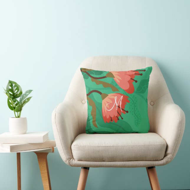 Colourful Flora and Foliage Red on Green Throw Pillow (Chair)