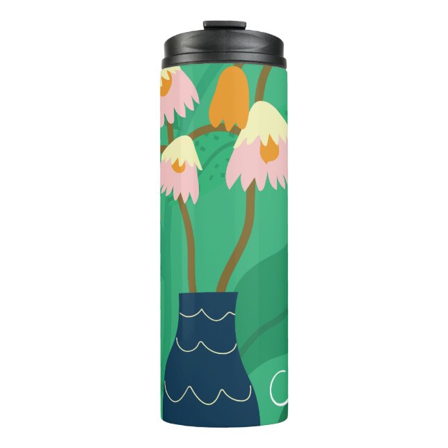 Colourful Flora and Foliage with Pink on Green Thermal Tumbler (Front)