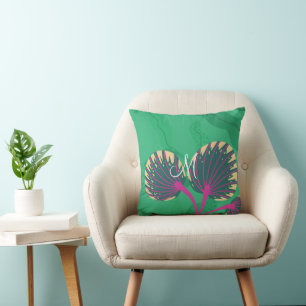 Colourful Flora and Foliage with Purple on Green Throw Pillow