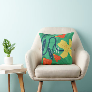 Colourful Flora and Foliage with Yellow on Green Throw Pillow
