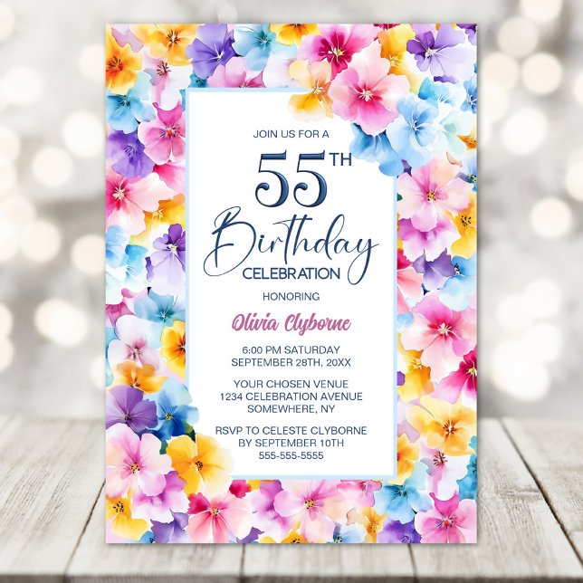 Colourful Floral 55th Birthday Party Invitation (Creator Uploaded)
