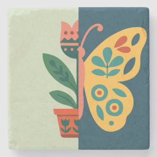 Colourful floral and butterfly split graphic desig stone coaster