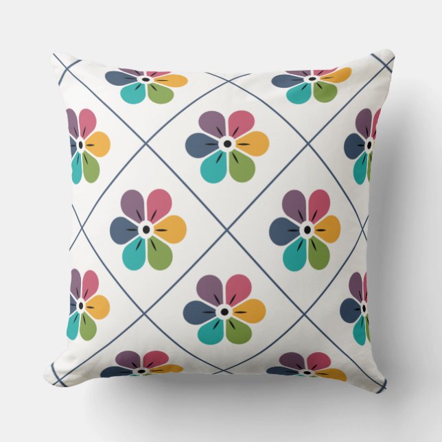Colourful Floral and Diamond Pattern Throw Pillow (Front)