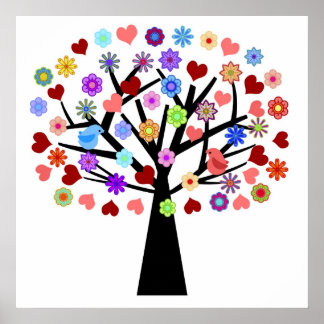 Colourful Floral and Hearts with Lovebirds Tree Poster