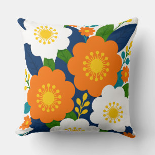 Colourful Floral Art with Orange & White Blossoms Throw Pillow