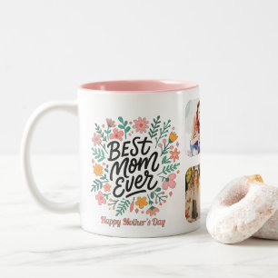 Colourful Floral Best Mom Ever Photo Grid Keepsake Two-Tone Coffee Mug
