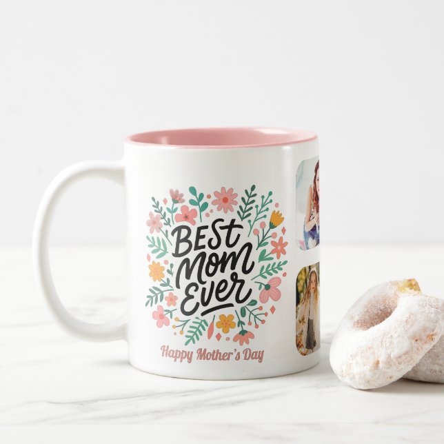 Colourful Floral Best Mom Ever Photo Grid Keepsake Two-Tone Coffee Mug (With Donut)