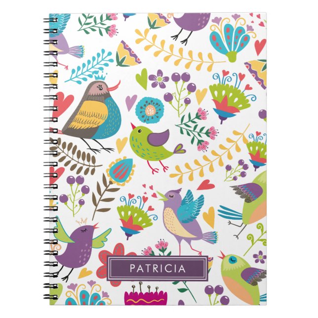 Colourful Floral Bird Pattern Personalized Notebook (Front)