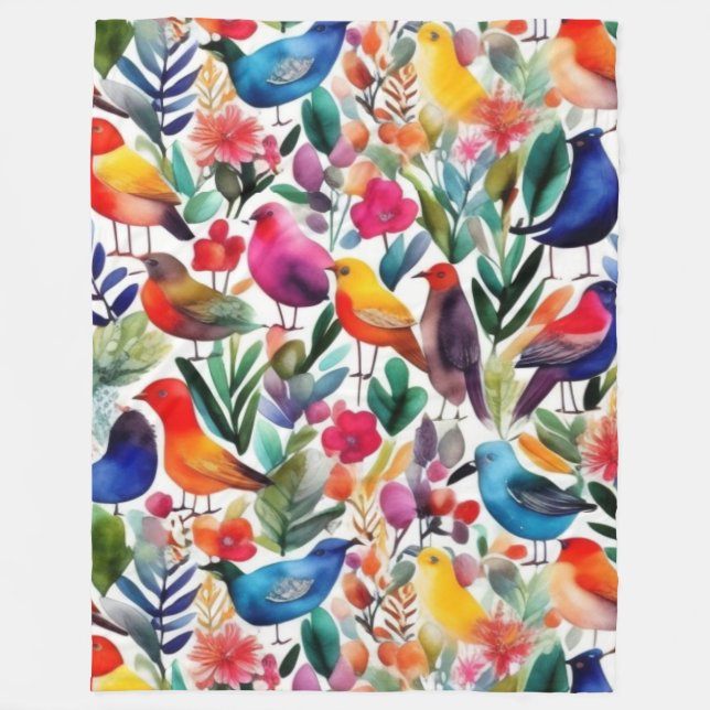Colourful floral birds fleece blanket (Front)