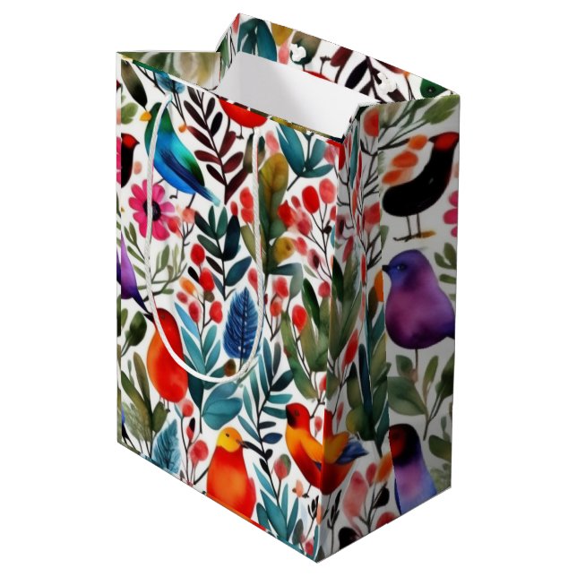 Colourful floral birds medium gift bag (Back Angled)