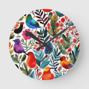 Colourful floral birds round clock
