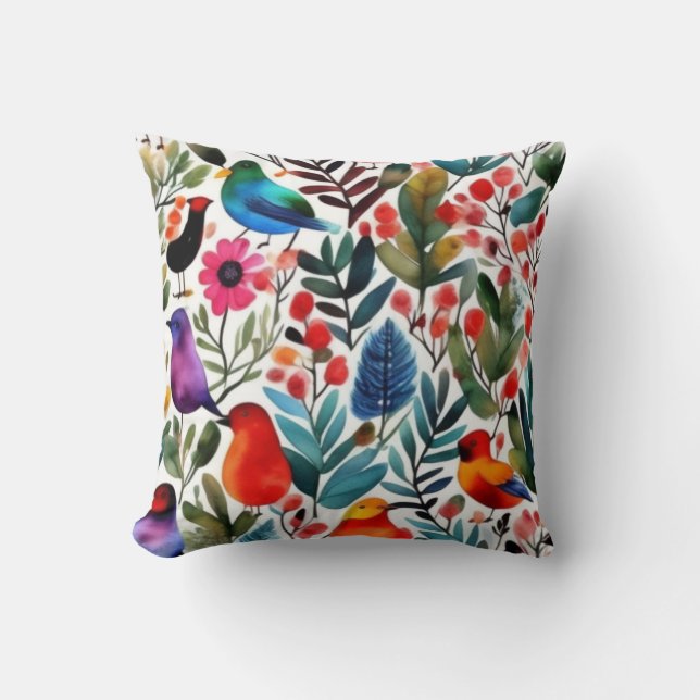 Colourful floral birds throw pillow (Front)