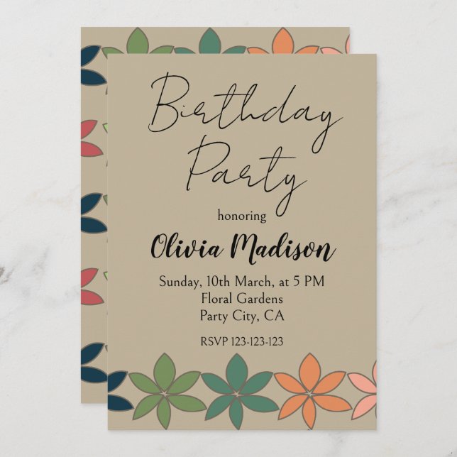 Colourful Floral Birthday  Invitation (Front/Back)