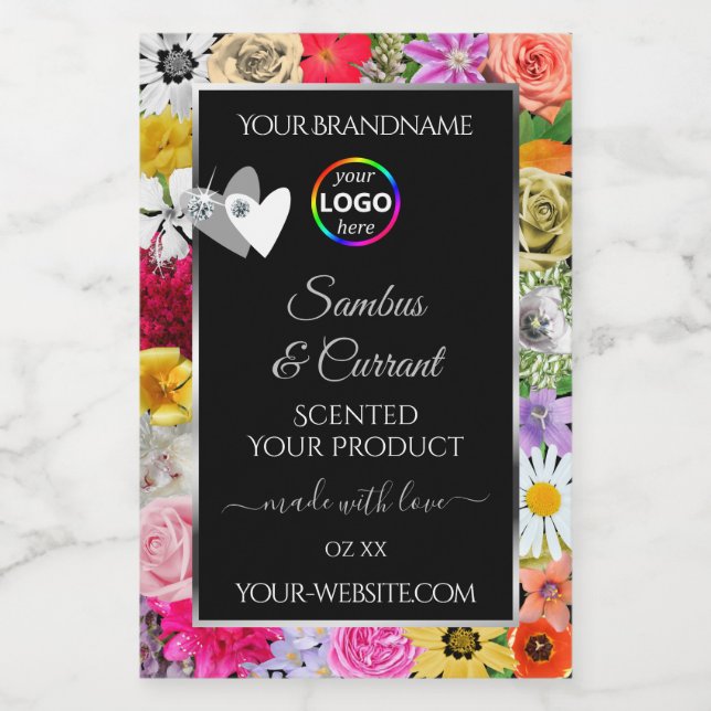 Colourful Floral Black Product Labels Hearts Logo (Single Label)