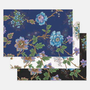 Colourful Floral-Black, White & Blue Background Wrapping Paper Sheet