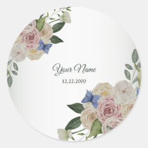 Colourful Floral Blue Butterfly Green Wedding Part Classic Round Sticker