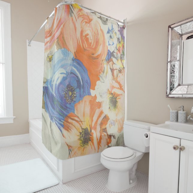 Colourful Floral Blue Orange Beige Shower Curtain  (In Situ)
