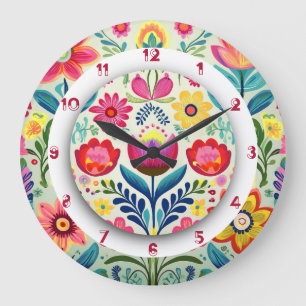 Colourful Floral Boho Painting two crowns Large Clock