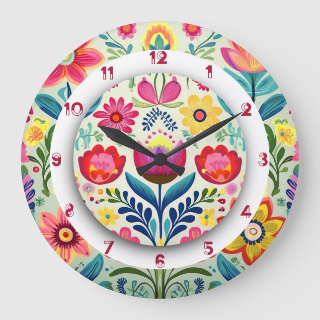 Colourful Floral Boho Painting two crowns  Large Clock (Front)