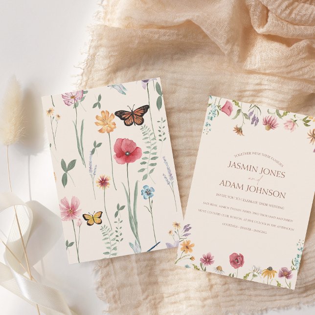 Colourful Floral Border Wildflower Wedding Invitation (Simple Colorful Wildflower Floral Wedding Invite)
