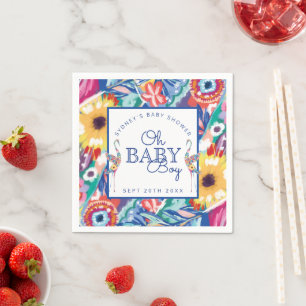 Colourful Floral Botanical Stork Baby Boy Shower Napkin