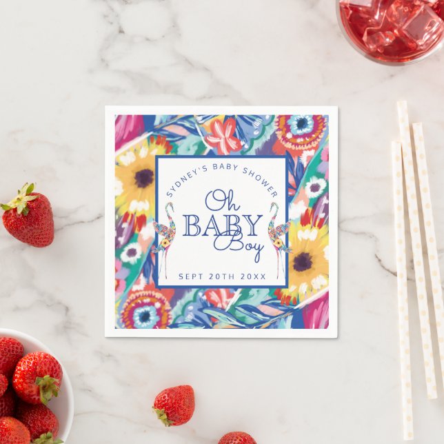 Colourful Floral Botanical Stork Baby Boy Shower Napkin (Insitu)