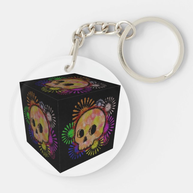 Colourful Floral Burst Skull Watercolor Cube Keychain (Back)