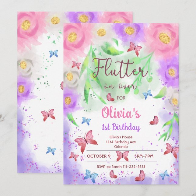 Colourful Floral Butterfly Birthday Invitation (Front/Back)