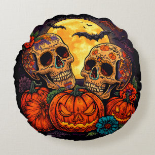 Colourful Floral Calavera Sugar Skull, Halloween Round Pillow