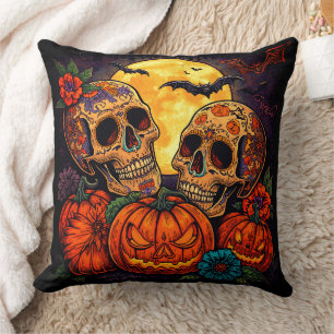 Colourful Floral Calavera Sugar Skull, Halloween Throw Pillow