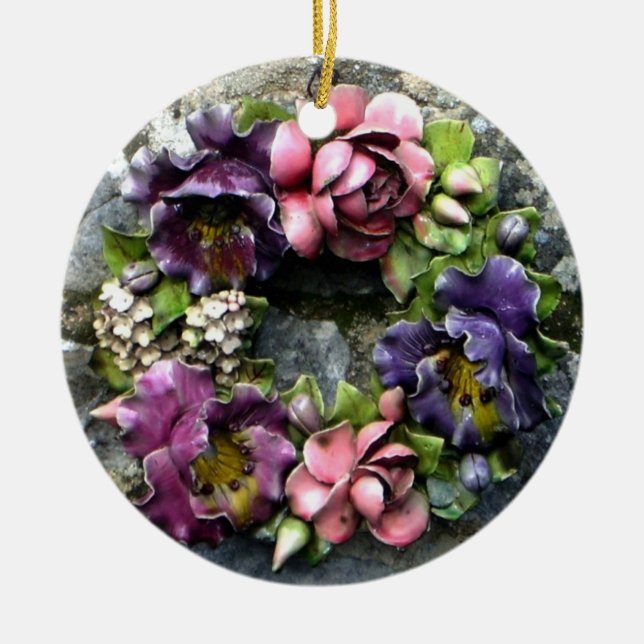 Colourful floral cemetery wreath ceramic ornament (Front)