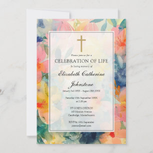 Colourful Floral Christian Funeral Memorial Invitation