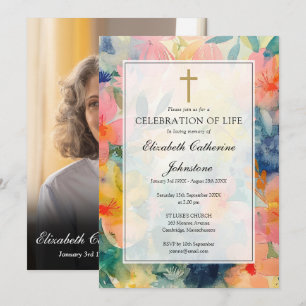 Colourful Floral Christian Funeral Memorial Photo Invitation