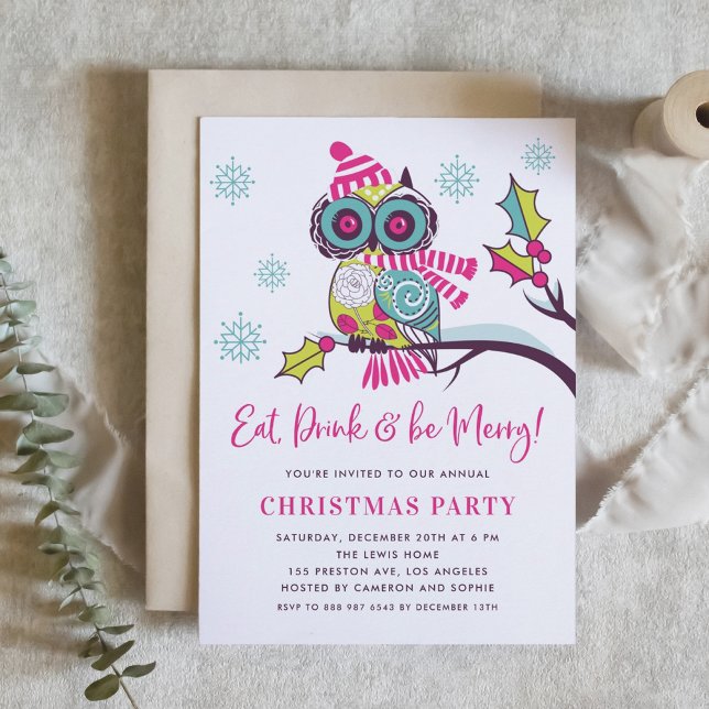 Colourful Floral Christmas Owl Holiday Party Invitation (Creator Uploaded)
