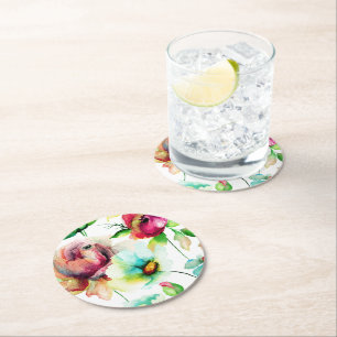 Colourful Floral Collage Watercolors Illustration Round Paper Coaster