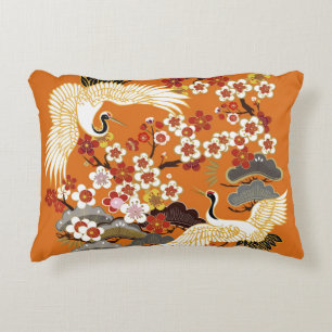 Colourful Floral Cranes Sakura Pattern Accent Pillow