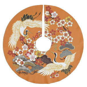 Colourful Floral Cranes Sakura Pattern Brushed Polyester Tree Skirt