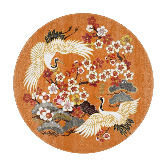 Colourful Floral Cranes Sakura Pattern Cutting Board (Front)