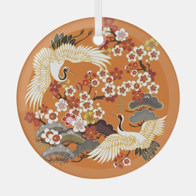 Colourful Floral Cranes Sakura Pattern Glass Ornament (Front)