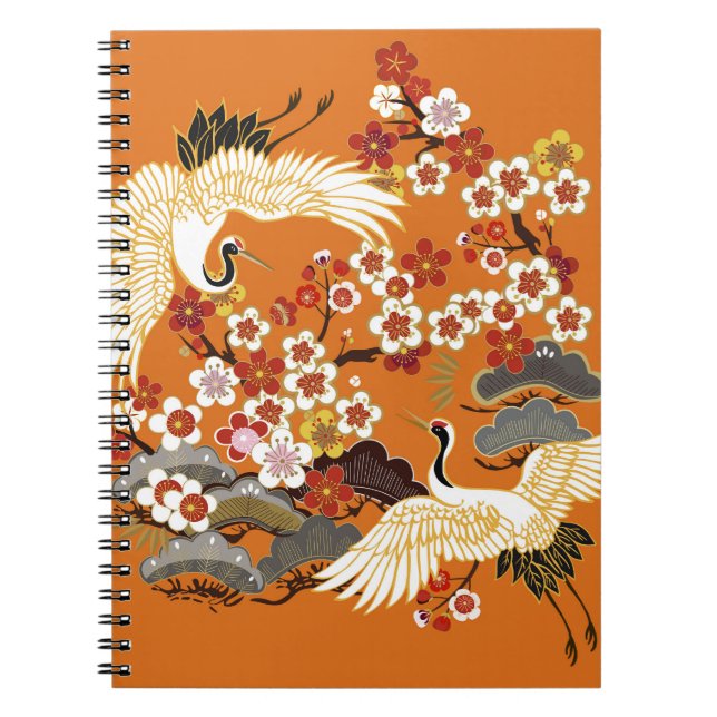 Colourful Floral Cranes Sakura Pattern Notebook (Front)