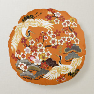 Colourful Floral Cranes Sakura Pattern Round Pillow