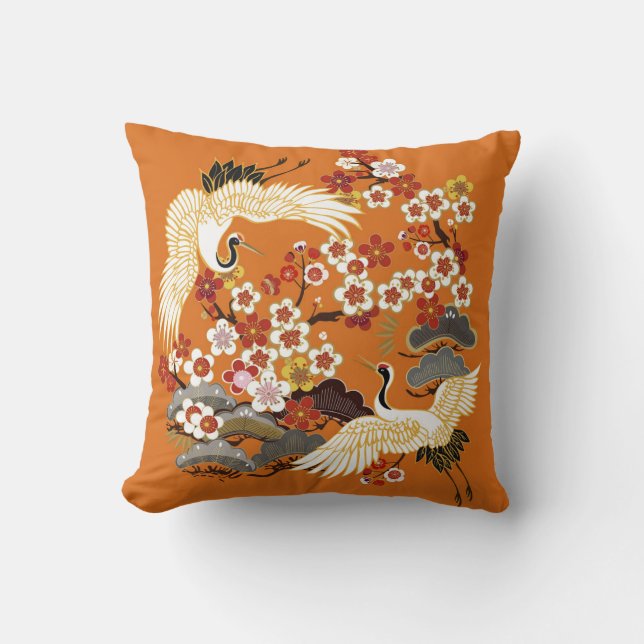 Colourful Floral Cranes Sakura Pattern Throw Pillow (Front)